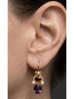 Sterling Silver Gold-Plated Multi-Stone Drop Earrings – Garnet, Sapphire & Pearl